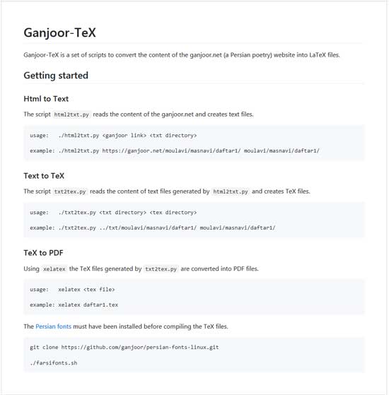 Ganjoor-TeX is a set of scripts to convert the content of the ganjoor.net (a Persian poetry) website into LaTeX files.